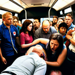 **CPR in a crowded bus:** A person collapses in a packed bus, with people looking on in panic. Someone begins performing CPR.