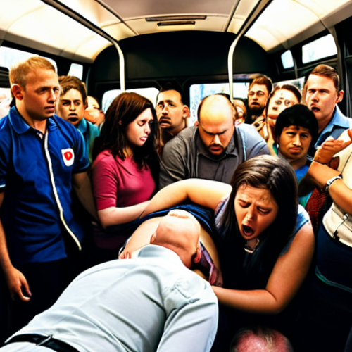 Home 4 **CPR in a crowded bus:** A person collapses in a packed bus, with people looking on in panic. Someone begins performing CPR.