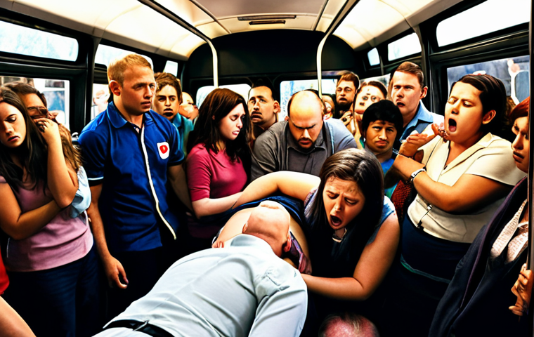 **CPR in a crowded bus:** A person collapses in a packed bus, with people looking on in panic. Someone begins performing CPR.
