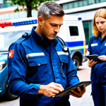 A highly professional male and female paramedic team, both fully clothed in clean, standard dark blue uniforms with reflective accents, performing a calm and focused assessment at an urban emergency scene. They are standing with professional demeanor, holding a medical bag and a tablet, showcasing their expertise. The background shows a modern city street in daylight, with a clean, emergency vehicle partially visible, no signs of distress or chaos. This image emphasizes their critical role in life-saving, showcasing competence and swift action. safe for work, appropriate content, fully clothed, professional, perfect anatomy, correct proportions, natural pose, well-formed hands, proper finger count, natural body proportions, professional photography, high quality.