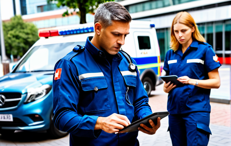 A highly professional male and female paramedic team, both fully clothed in clean, standard dark blue uniforms with reflective accents, performing a calm and focused assessment at an urban emergency scene. They are standing with professional demeanor, holding a medical bag and a tablet, showcasing their expertise. The background shows a modern city street in daylight, with a clean, emergency vehicle partially visible, no signs of distress or chaos. This image emphasizes their critical role in life-saving, showcasing competence and swift action. safe for work, appropriate content, fully clothed, professional, perfect anatomy, correct proportions, natural pose, well-formed hands, proper finger count, natural body proportions, professional photography, high quality.