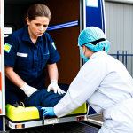 A professional 119 male rescue worker in a dark blue official uniform and a female paramedic in a professional white uniform, wearing appropriate protective gear, swiftly moving to retrieve medical equipment from an ambulance parked at a controlled, daytime emergency scene. Their expressions are focused and determined, demonstrating coordinated urgency and expertise. This scene highlights the initial response and quick preparation of emergency services. Fully clothed, modest clothing, appropriate attire, safe for work, appropriate content, professional, perfect anatomy, correct proportions, natural pose, well-formed hands, proper finger count, natural body proportions, high quality, professional photography.