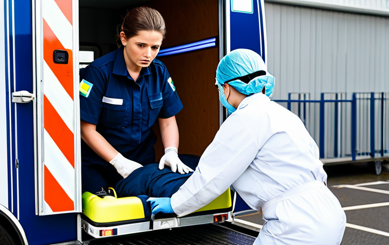 A professional 119 male rescue worker in a dark blue official uniform and a female paramedic in a professional white uniform, wearing appropriate protective gear, swiftly moving to retrieve medical equipment from an ambulance parked at a controlled, daytime emergency scene. Their expressions are focused and determined, demonstrating coordinated urgency and expertise. This scene highlights the initial response and quick preparation of emergency services. Fully clothed, modest clothing, appropriate attire, safe for work, appropriate content, professional, perfect anatomy, correct proportions, natural pose, well-formed hands, proper finger count, natural body proportions, high quality, professional photography.