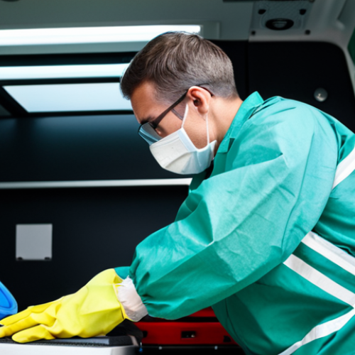 Home 29 Infection Control**
"A fully clothed paramedic in appropriate attire, wearing full PPE (N95 mask, gloves, protective suit), carefully cleaning and disinfecting the interior of an ambulance after transporting a patient. Focus on the meticulousness and attention to detail. Safe for work, professional setting, appropriate content, perfect anatomy, correct proportions, well-lit interior, high quality."
**
