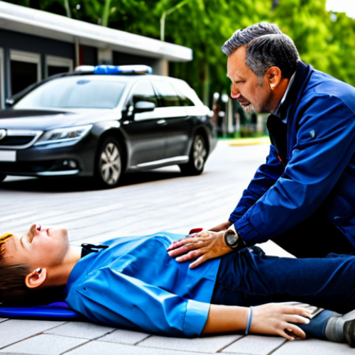 Home 28 CPR in Action**
A person performing CPR on a patient in a public place, fully clothed bystander assisting, appropriate attire, safe for work, correct proportions, well-formed hands, family-friendly scene, professional medical assistance arriving in the background.
**