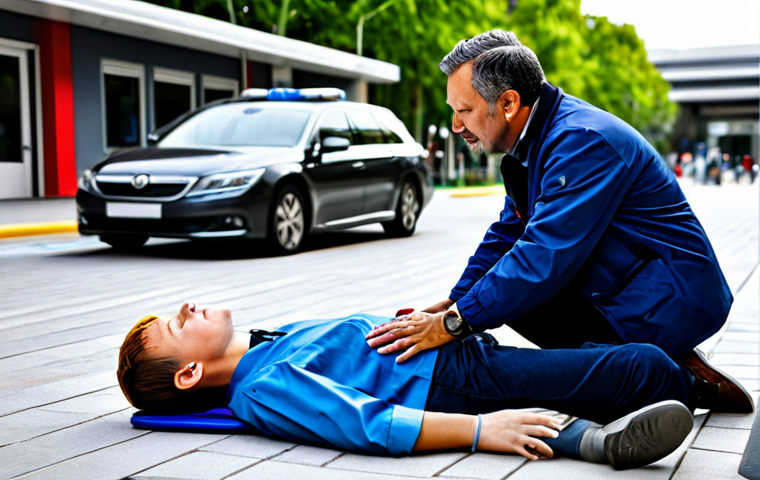 CPR in Action**

A person performing CPR on a patient in a public place, fully clothed bystander assisting, appropriate attire, safe for work, correct proportions, well-formed hands, family-friendly scene, professional medical assistance arriving in the background.

**