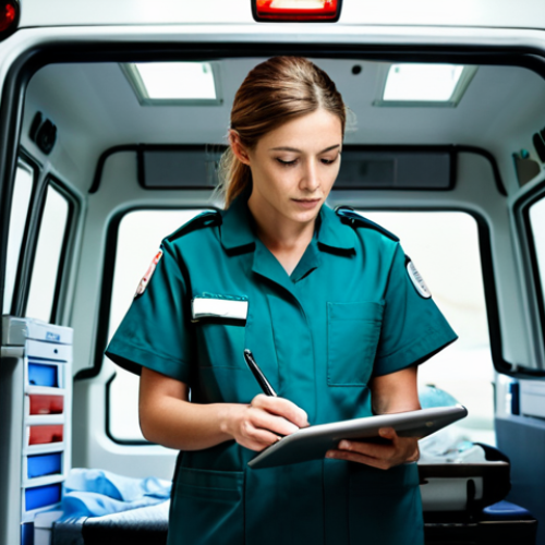 Home 27 **
A fully clothed female paramedic in appropriate attire, diligently documenting patient information on a digital tablet inside a well-lit ambulance. The scene conveys professionalism and focus, with medical equipment visible in the background. Safe for work, perfect anatomy, natural proportions, professional setting.
**