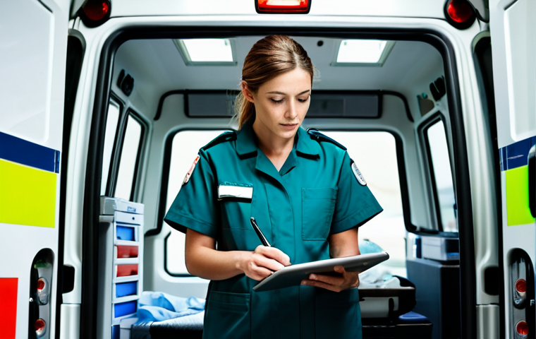 **

A fully clothed female paramedic in appropriate attire, diligently documenting patient information on a digital tablet inside a well-lit ambulance. The scene conveys professionalism and focus, with medical equipment visible in the background. Safe for work, perfect anatomy, natural proportions, professional setting.

**