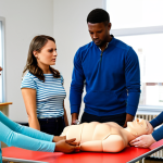 CPR Training**

A diverse group of people fully clothed in casual attire, participating in a CPR training session with mannequins in a bright, modern classroom. An instructor demonstrates proper chest compression technique. Include AED prominently displayed. safe for work, appropriate content, perfect anatomy, well-formed hands, natural body proportions, professional, family-friendly, modest.

**