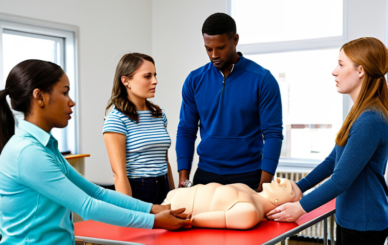 CPR Training**

A diverse group of people fully clothed in casual attire, participating in a CPR training session with mannequins in a bright, modern classroom. An instructor demonstrates proper chest compression technique. Include AED prominently displayed. safe for work, appropriate content, perfect anatomy, well-formed hands, natural body proportions, professional, family-friendly, modest.

**