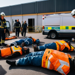 응급구조사와 대규모 재난 대응 훈련 - A group of highly trained paramedics in bright, reflective uniforms are actively engaged in a chaoti...