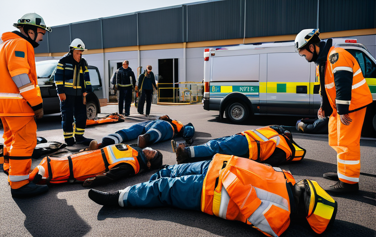 응급구조사와 대규모 재난 대응 훈련 - A group of highly trained paramedics in bright, reflective uniforms are actively engaged in a chaoti...