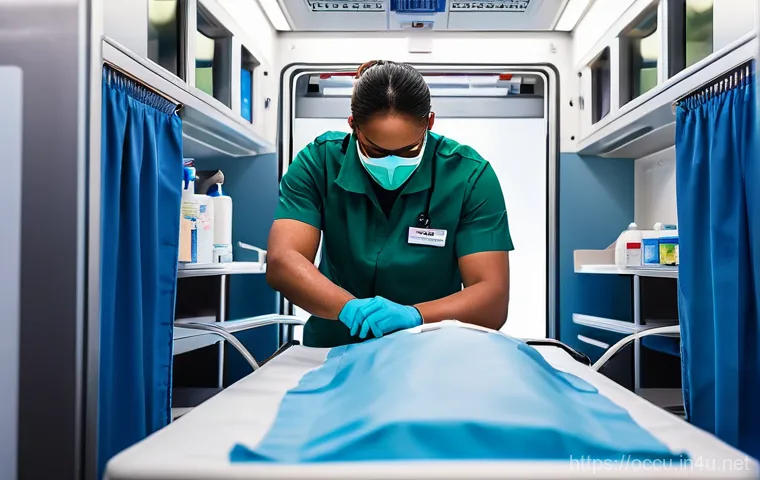 응급구조사 기초 의학 개념 - Two emergency medical technicians (EMTs) in full, clean uniforms with reflective vests are urgently ...