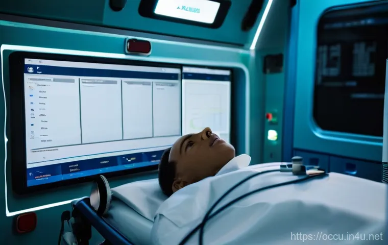 응급구조사 출동 시간 단축 사례 - **Prompt:** A clean, modern ambulance interior at night, subtly lit, focusing on an emergency medica...