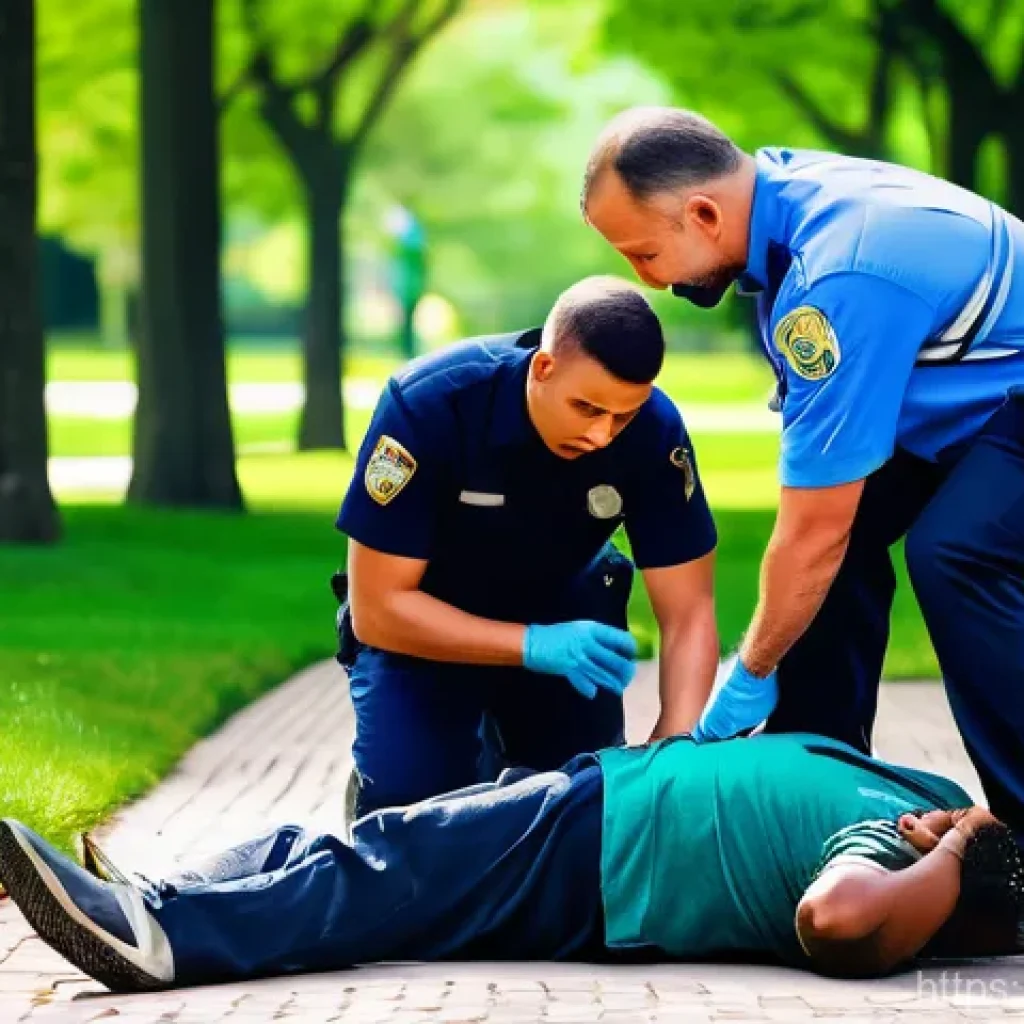 응급구조사와 심혈관 응급처치 - A focused and calm individual in their late 30s is performing chest compressions on another person w...