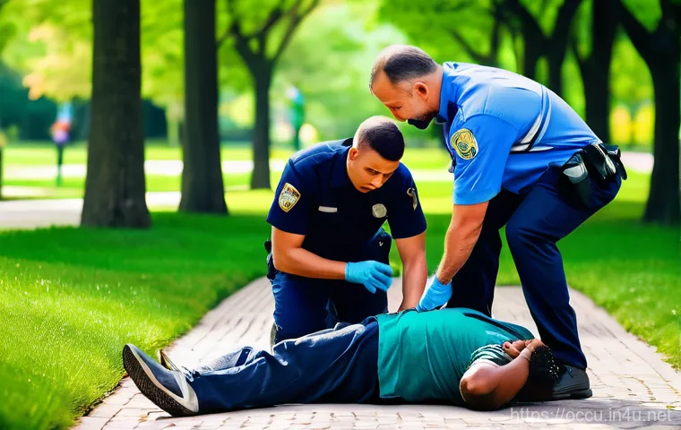 응급구조사와 심혈관 응급처치 - A focused and calm individual in their late 30s is performing chest compressions on another person w...
