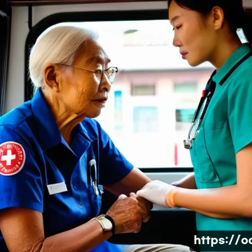 응급구조사 해외 취업 가이드 - A professional and compassionate East Asian female emergency medical technician (EMT) in a modern, w...