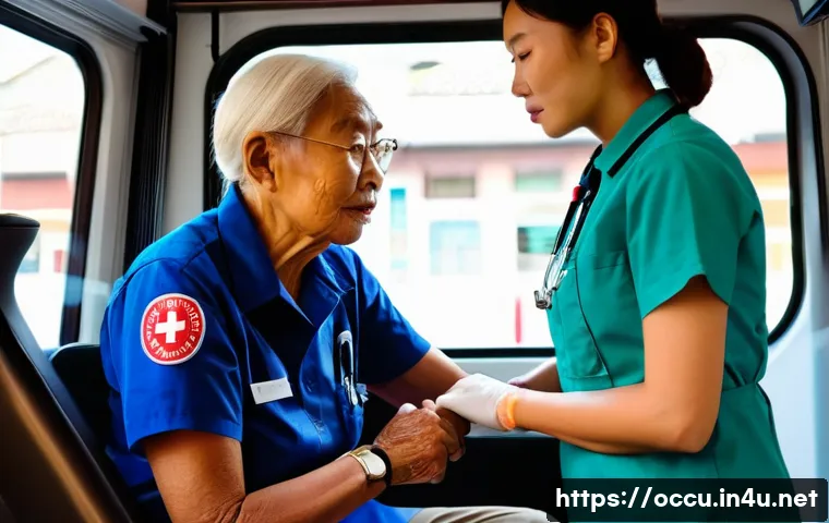 응급구조사 해외 취업 가이드 - A professional and compassionate East Asian female emergency medical technician (EMT) in a modern, w...