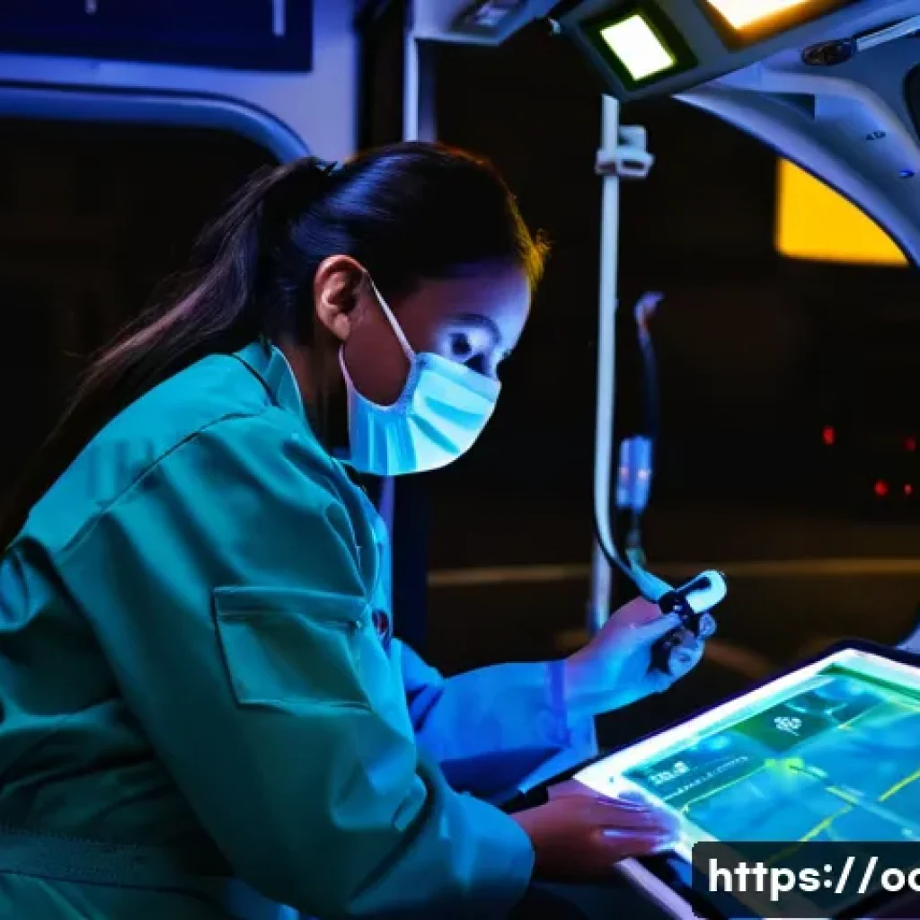 응급구조사와 환자 기록 관리 - **Prompt:** A dedicated female paramedic is kneeling beside a patient in a dimly lit ambulance. The ...