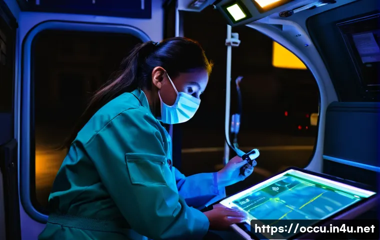 응급구조사와 환자 기록 관리 - **Prompt:** A dedicated female paramedic is kneeling beside a patient in a dimly lit ambulance. The ...