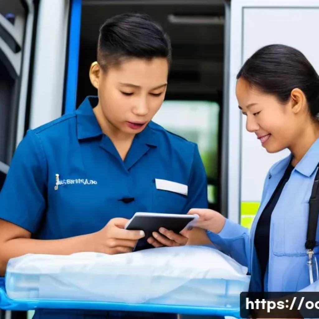응급구조사와 다문화 환자 - **Multicultural Emergency Response with Smart Technology:** A scene inside or next to a modern ambul...