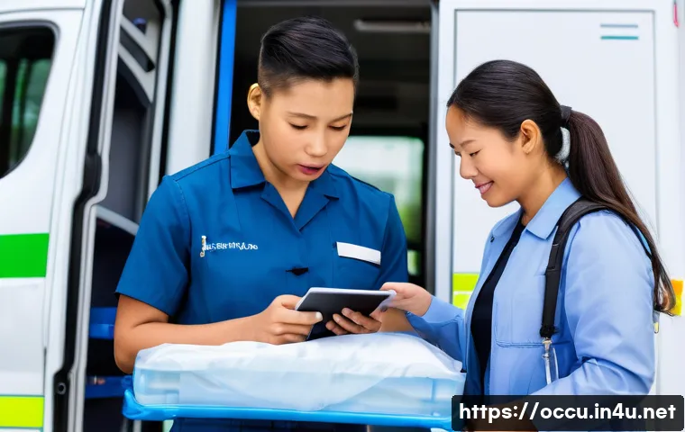 응급구조사와 다문화 환자 - **Multicultural Emergency Response with Smart Technology:** A scene inside or next to a modern ambul...