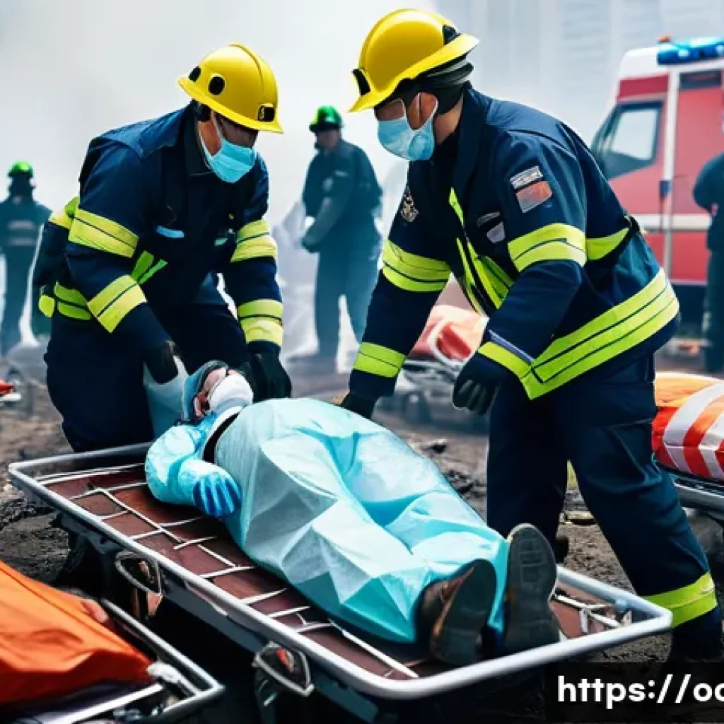 응급구조사와 대형재난 대처 - A dynamic emergency scene at a large disaster site with multiple injured people, showing a skilled p...