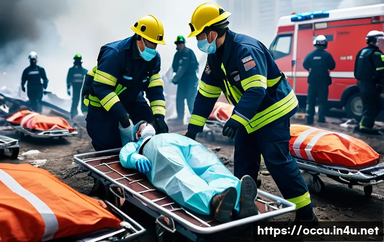 응급구조사와 대형재난 대처 - A dynamic emergency scene at a large disaster site with multiple injured people, showing a skilled p...
