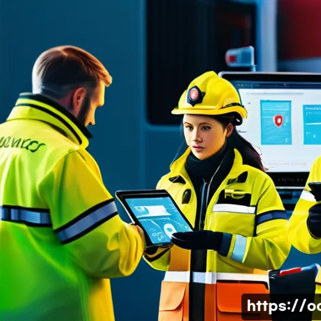 응급구조사 디지털 도구 - A highly detailed scene of emergency paramedics using advanced smart devices at a disaster site: par...