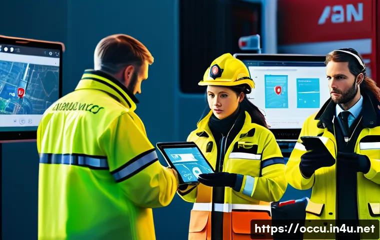 응급구조사 디지털 도구 - A highly detailed scene of emergency paramedics using advanced smart devices at a disaster site: par...