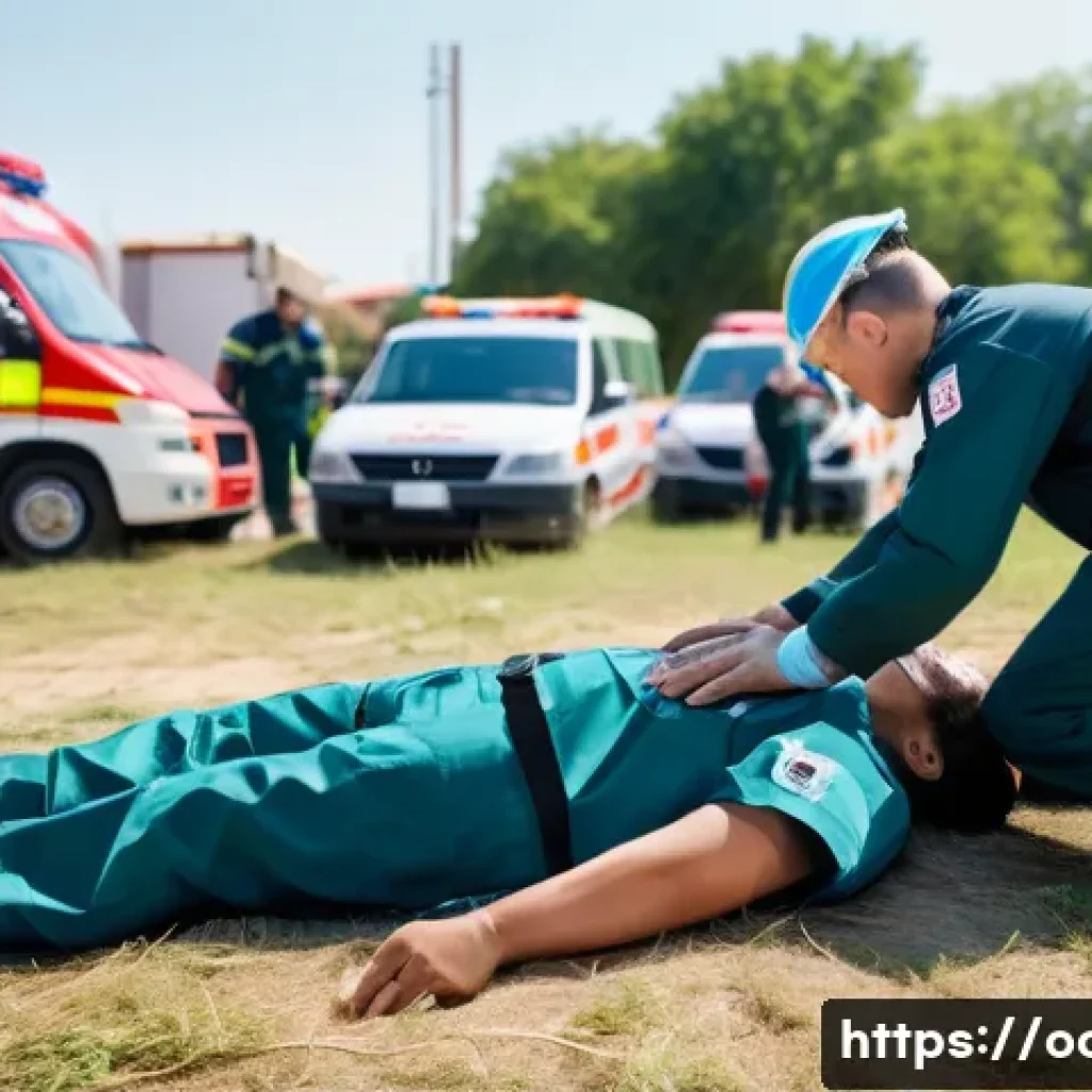 응급구조사와 간호 보조 기술 - A highly detailed scene of an emergency paramedic performing CPR on a patient in a chaotic outdoor d...