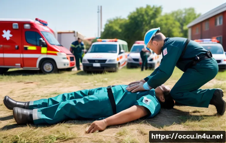 응급구조사와 간호 보조 기술 - A highly detailed scene of an emergency paramedic performing CPR on a patient in a chaotic outdoor d...