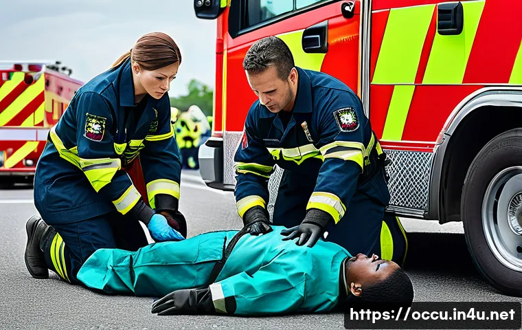 응급구조사 직무와 커뮤니케이션 - A highly detailed scene of a paramedic in full uniform performing advanced emergency medical procedu...