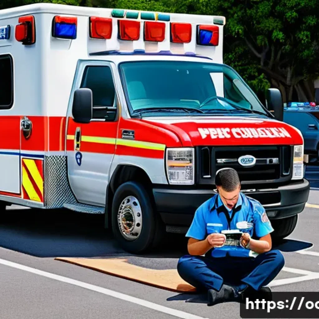 응급구조사 근무 중 영양관리 - A detailed, realistic scene of a professional paramedic taking a quick nutritious break during a bus...