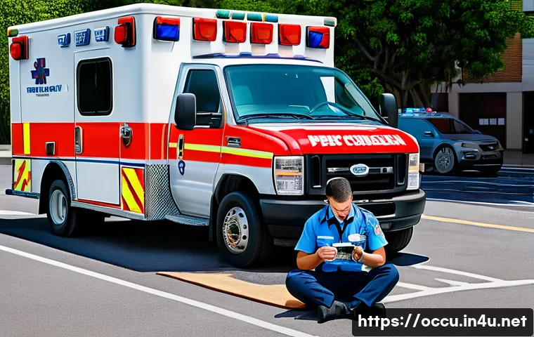 응급구조사 근무 중 영양관리 - A detailed, realistic scene of a professional paramedic taking a quick nutritious break during a bus...