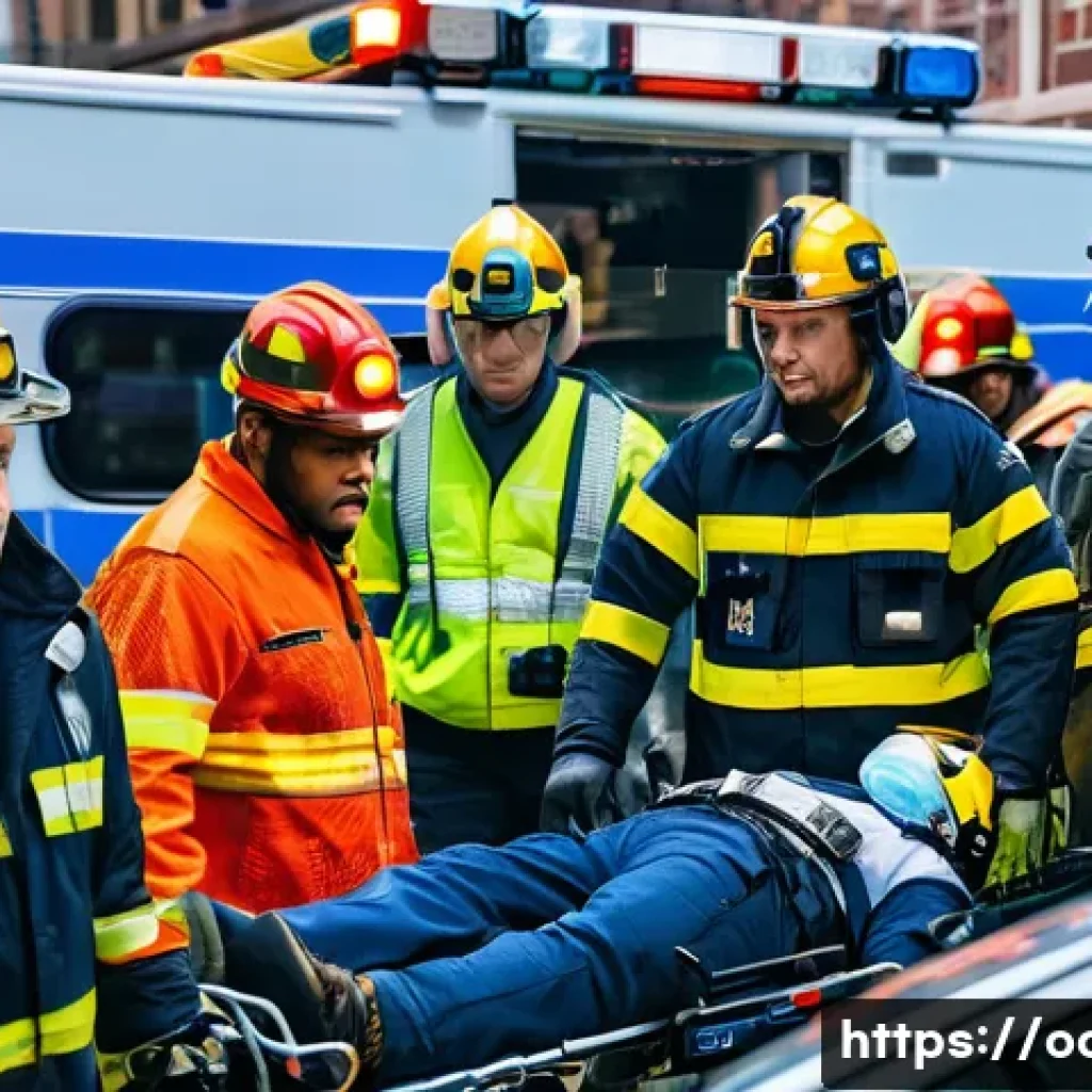 응급구조사 팀워크 사례 - A high-intensity emergency rescue scene showing a diverse team of paramedics and emergency medical t...