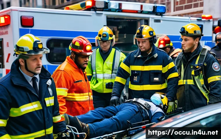 응급구조사 팀워크 사례 - A high-intensity emergency rescue scene showing a diverse team of paramedics and emergency medical t...