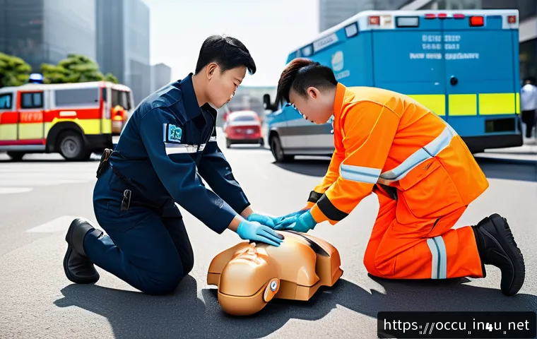 응급구조사와 위기상황 대처 능력 - A professional emergency medical technician performing CPR on an adult patient in a busy urban accid...