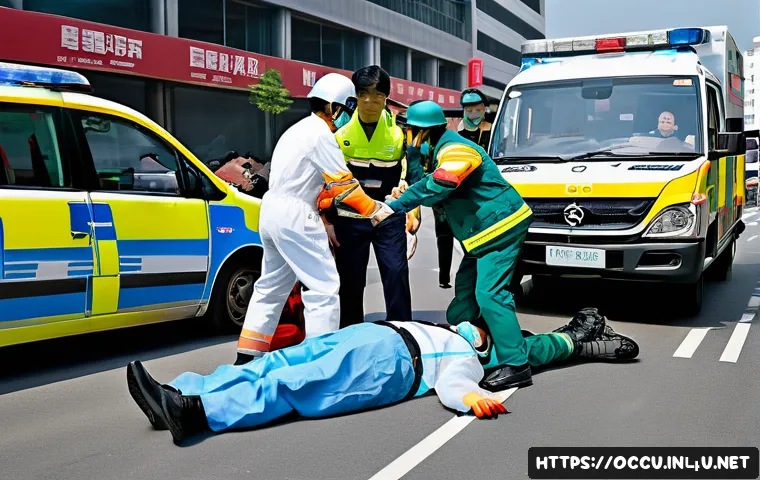 응급구조사 출동 에피소드 모음 - A dynamic emergency scene at a busy traffic accident site, featuring a professional paramedic in ful...