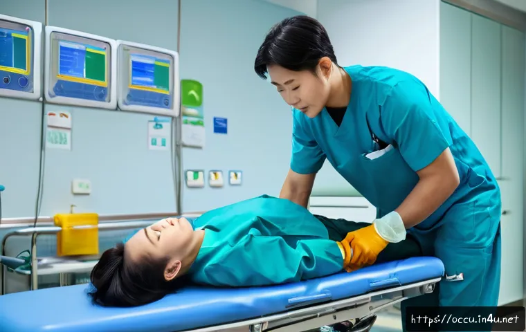 응급구조사와 물리적 피로 관리 - A professional emergency medical technician in uniform performing patient transfer with perfect ergo...