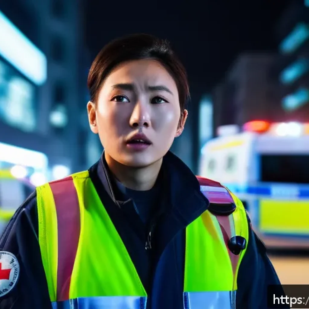 응급구조사 감정노동 관리 - A focused paramedic in full uniform wearing protective gloves and a visible badge, using deep breath...