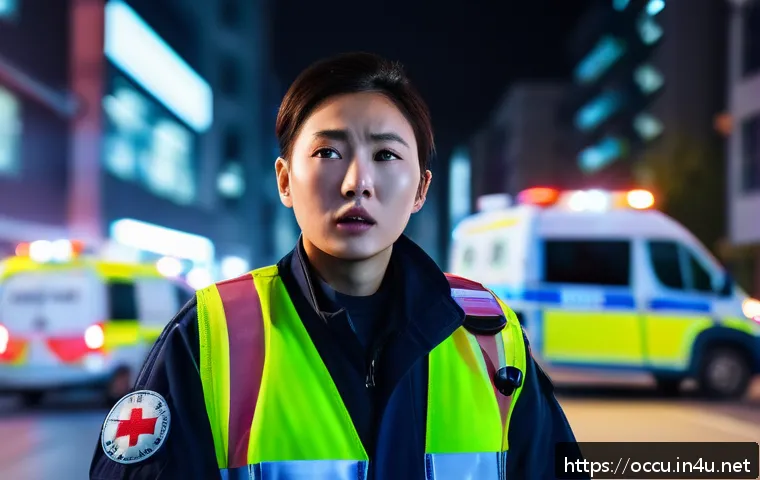 응급구조사 감정노동 관리 - A focused paramedic in full uniform wearing protective gloves and a visible badge, using deep breath...
