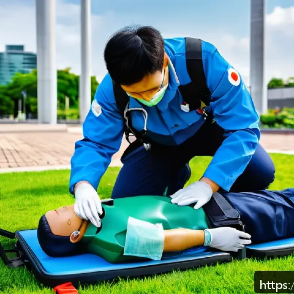 응급구조사 전문 교육 과정 - A detailed scene of an emergency medical technician (EMT) performing CPR and using an automated exte...