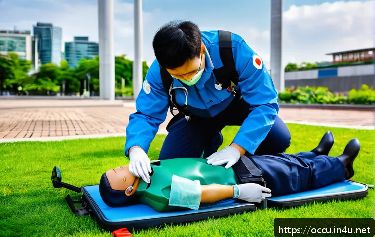 응급구조사 전문 교육 과정 - A detailed scene of an emergency medical technician (EMT) performing CPR and using an automated exte...