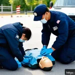 Home 22 응급구조사 커리어패스 - A realistic scene of an emergency medical technician (EMT) in full uniform performing CPR on a patie...