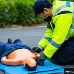 Home 21 응급구조사와 전문 응급처치 방법 - A highly detailed scene of an emergency responder performing CPR on an adult patient outdoors, demon...