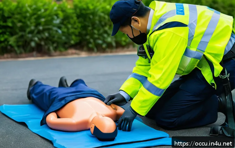 응급구조사와 전문 응급처치 방법 - A highly detailed scene of an emergency responder performing CPR on an adult patient outdoors, demon...