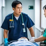 Home 19 응급구조사와 외국어 능력 - A highly detailed emergency scene in a multicultural urban hospital setting, showing a skilled param...