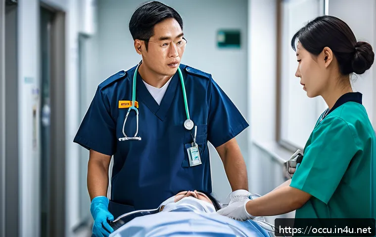 응급구조사와 외국어 능력 - A highly detailed emergency scene in a multicultural urban hospital setting, showing a skilled param...