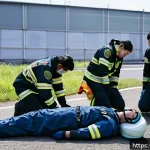 Home 18 응급구조사 실무와 최신 이론 결합 - A high-intensity emergency training simulation scene showing paramedics in full uniform actively per...